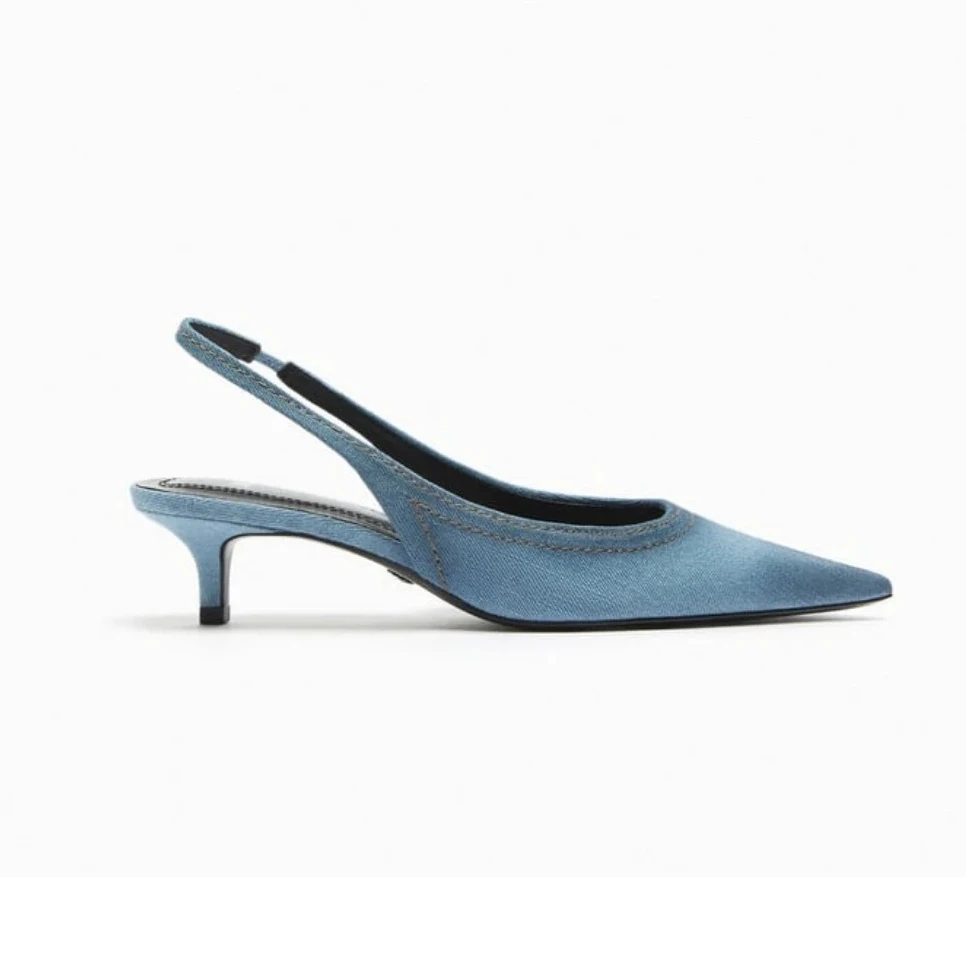 2023 Summer New Blue Denim Fabric High Heels Female Cat with Pointed Mule Shoes Shallow Mouth Single Shoes Package Head Sandals