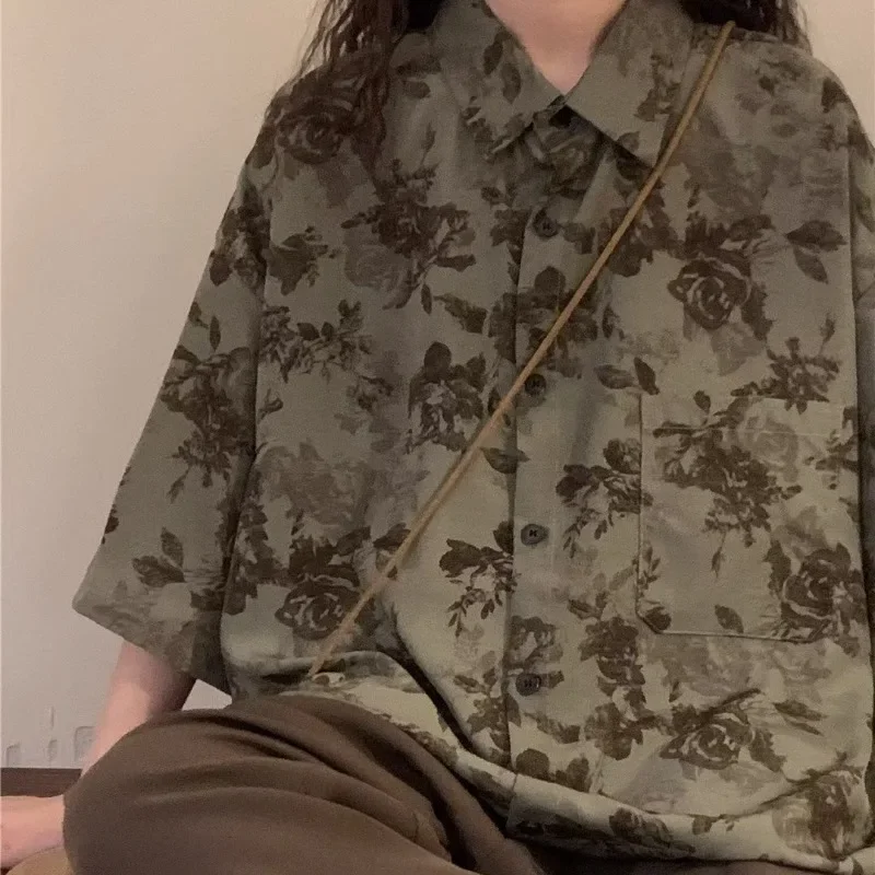 Женская винтажная рубашка с коротким рукавом летняя нейтральная цветочной