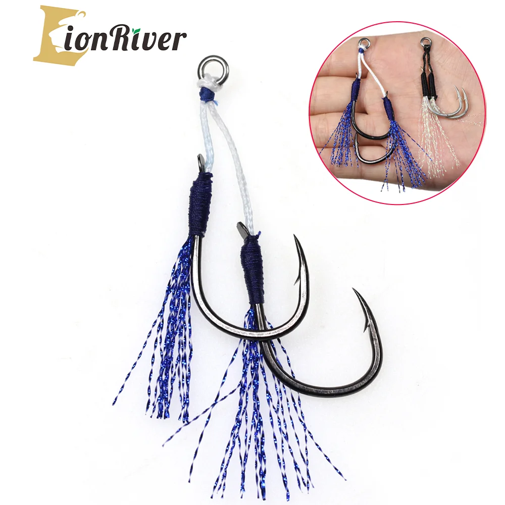 

LIONRIVER 10Pairs High Carbon Steel Jig Assist Hook Barbed Double Pair Hooks Thread Feather Fishing Lure Slow Jigging Tackel