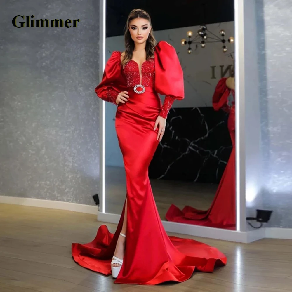 

Glimmer Glamorous Trumpet Graduation Dresses Crystals Full Sleeves Slit Sweep Train Drop Shipping Robes De Soirée Custom Made