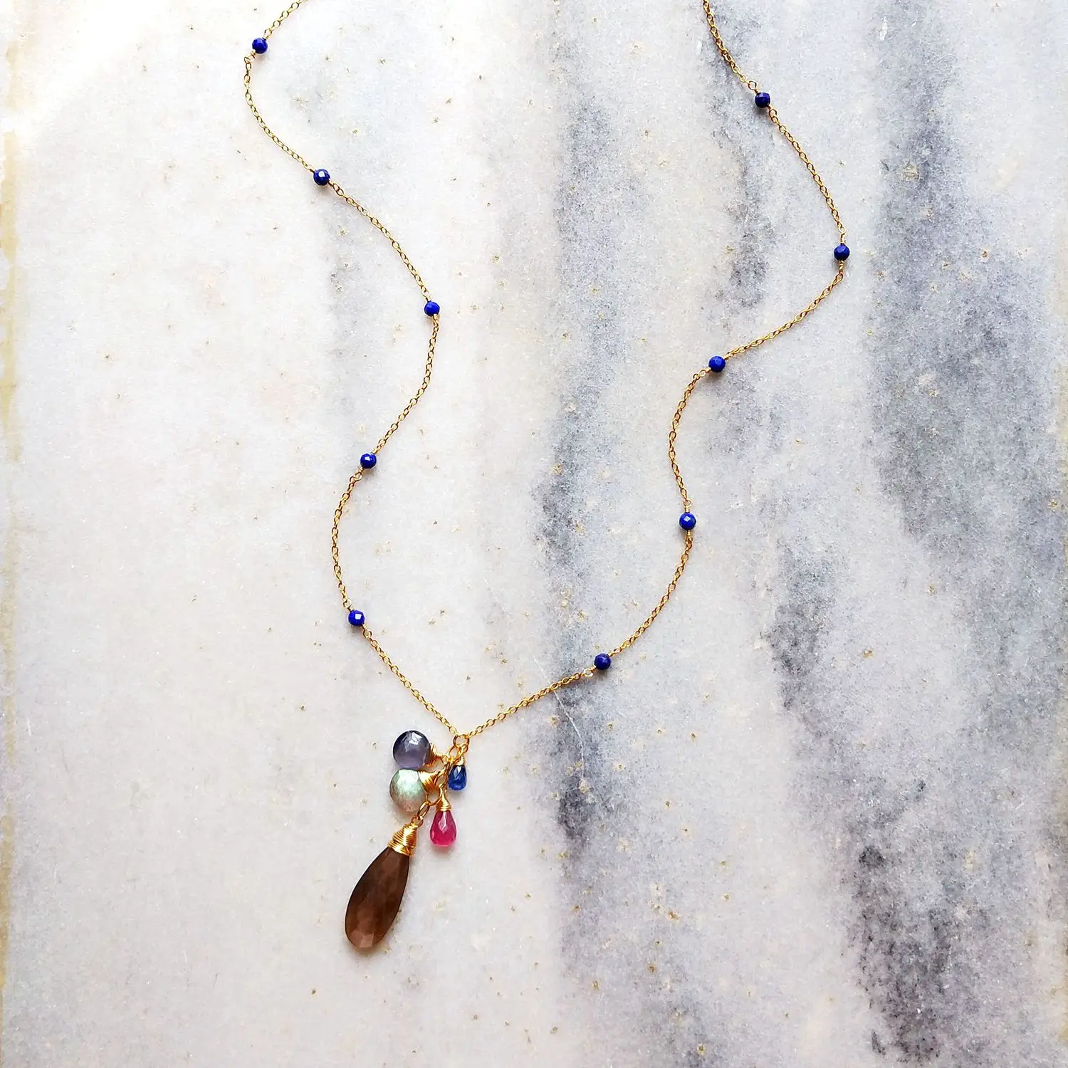 

Lii Ji Natural Sunstone Iolite Pink Sapphire Labradorite Charm With Lapis Lazuli American 14K Gold Filled Handmade Necklace