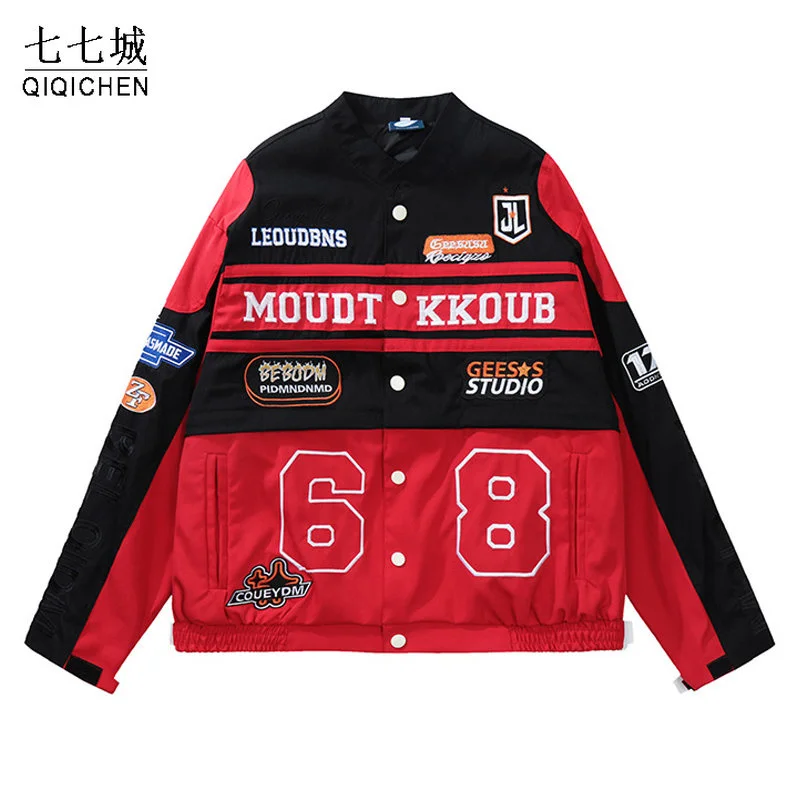 

Hip Hop Streetwear Motorcycle Jacket Women Men Removable Two Wear Embroidered Jackets Spring Fall Oversized Outerwear
