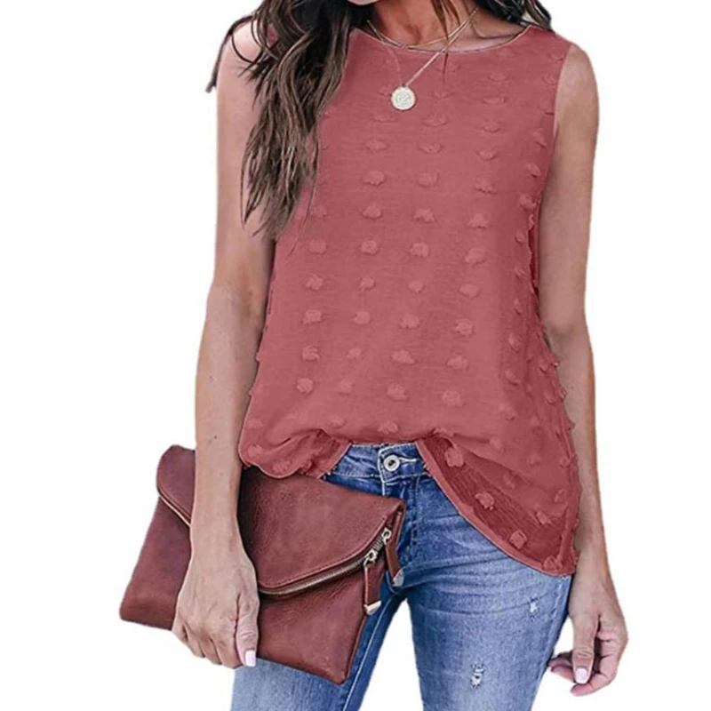 

Women Summer Sleeveless Crewneck Tank Top Double Layer Chiffon Mesh Casual Tunic Vest Embroidery Swiss Dot Pullover Blouse