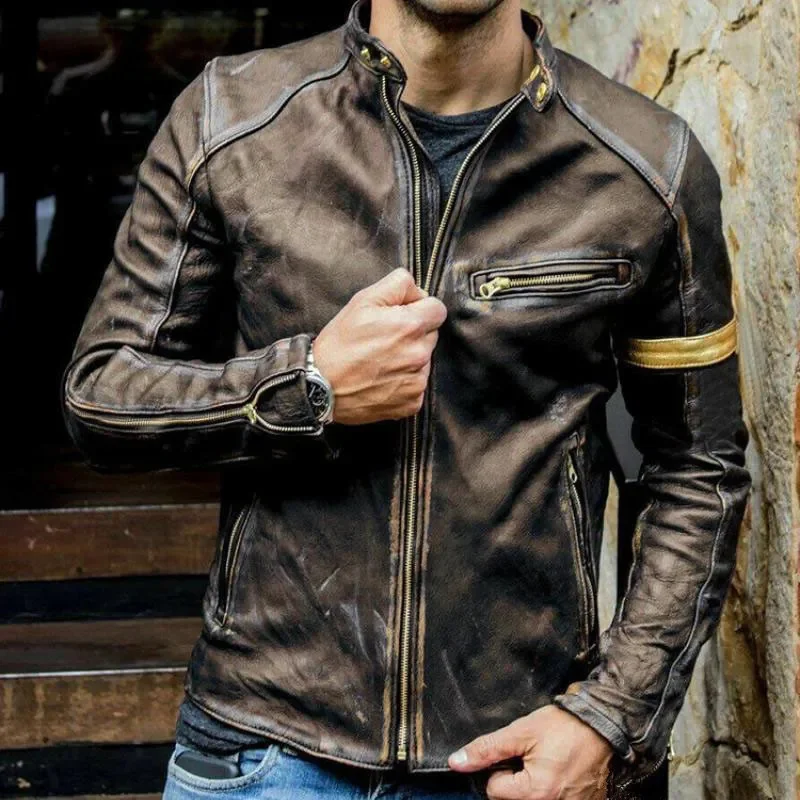 

Мужская мотоциклетная кожаная куртка, темно-синяя повседневная куртка-бомбер из искусственной кожи, с воротником-стойкой, в стиле ретро, Байкерская верхняя одежда, размеры до 5Xl, весна 2023