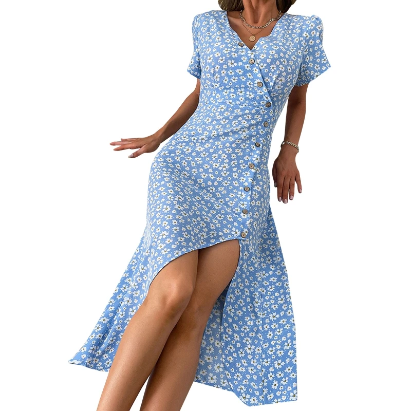 

Women Flare Short Sleeve V-Neck Floral Print Button Down Split Midi Long Dress