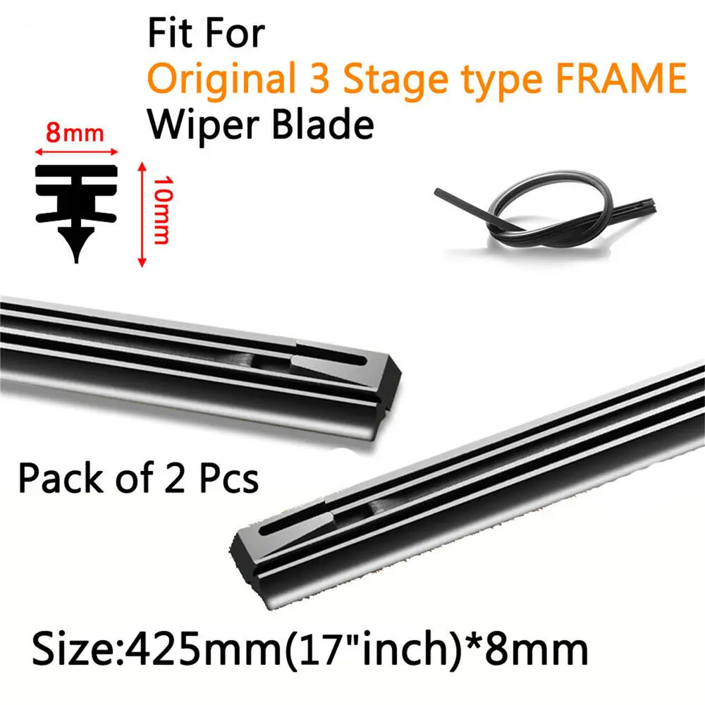

2Pcs Best Quality Car Windshield Wiper Blade Black Silicone Refills 17"x 8mm