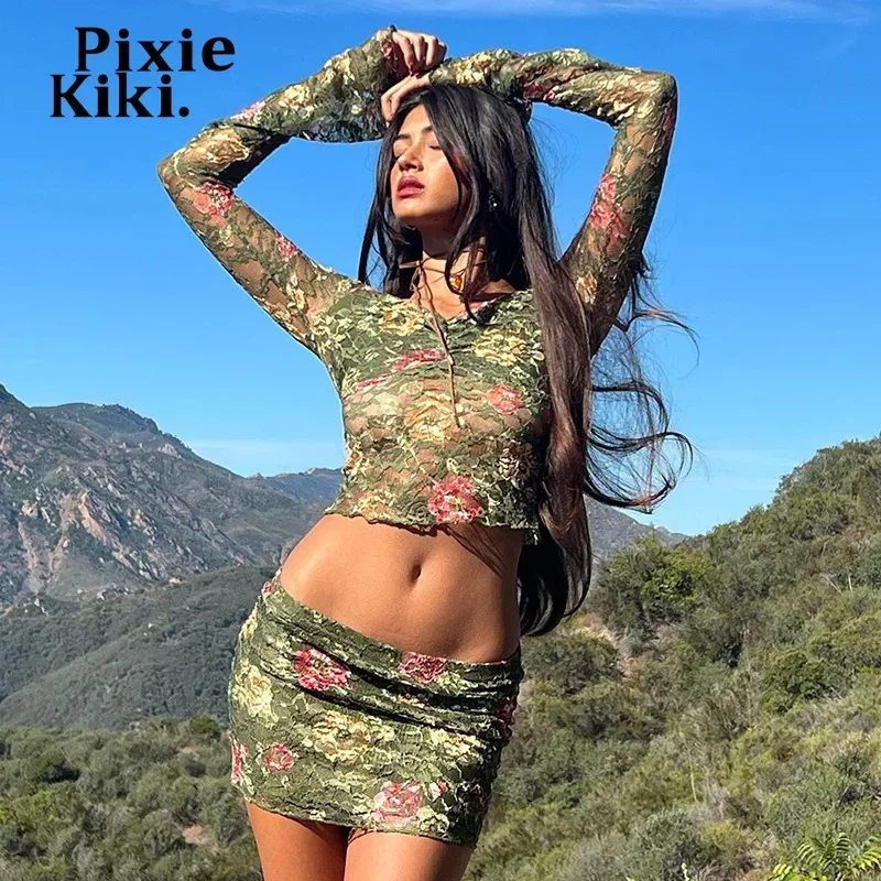

PixieKiki Floral Print Green Lace 2 Piece Skirt Sets Off Shoulder Flare Sleeve Dress Rave Matching Outfits Y2k Clothing P85-DZ18