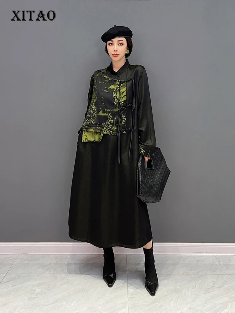 

XITAO Vintage Dress Fashion Black Stand Collar Print Tassel Button Decorate Dress Temperament Loose Casual Women FBB1090