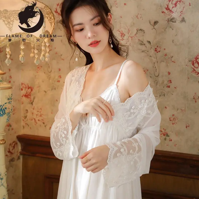 

Flame Of Dream Long Sleeved Nightgown Women's Spring Suspender Long Robe Two Piece Set Court Style Mesh Sexy Robe 221616