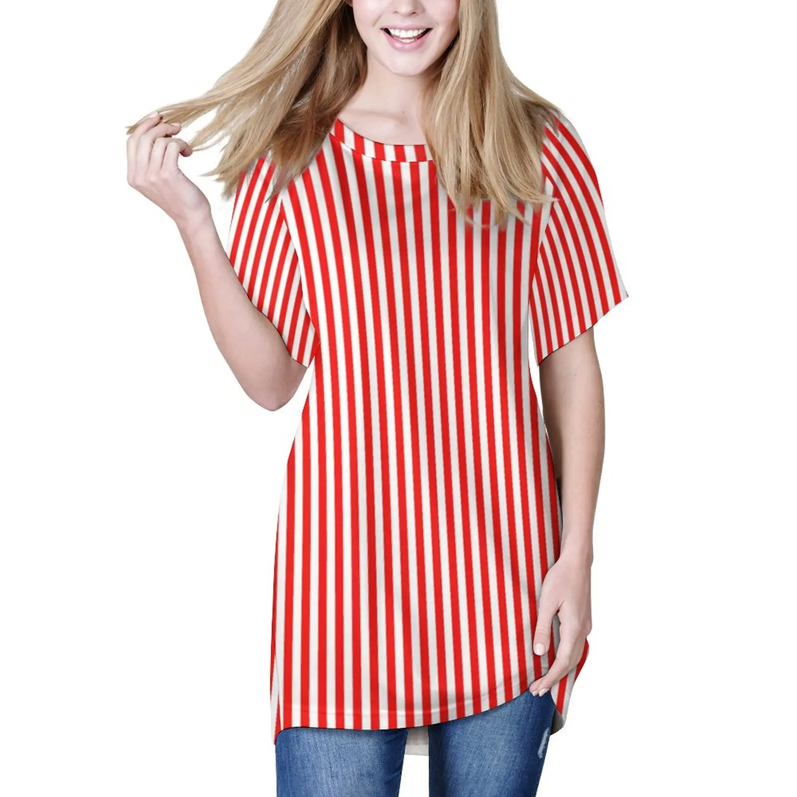 

Red And White Striped T Shirt Slimming Stripes Print Modern Long T-Shirts Short Sleeve Pattern Tops Street Fashion Tees Big Size