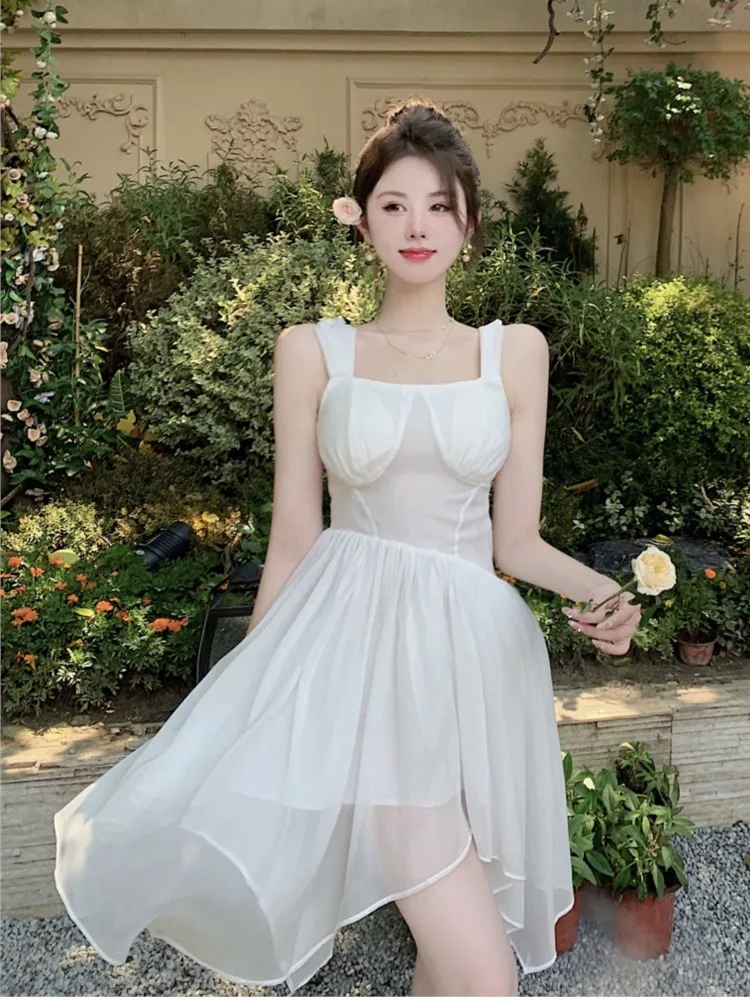 

Y2k вечерние мини корейские платья пикантное белое летнее милое праздничное платье без рукавов женское шифоновое асимметричное для повседневной носки