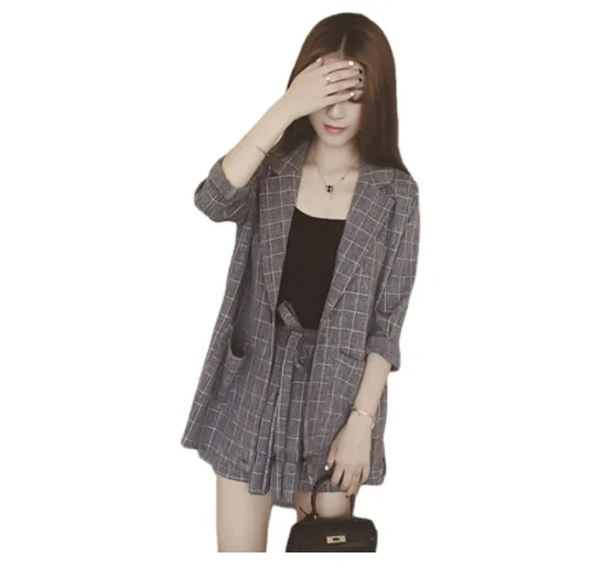 

2022 NEW 2021 FMFSSOM Summer Casual Plaid Short Pant Suits 2 Piece Set Women's Single Button Pocket Lace Up Bow Notched Female
