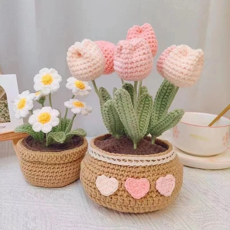 

Handmade Tulip Flowers Plant Potted Crochet Knitting Kit Wool Yarn Thread Crochet Material Kit For Women DIY Beginner Decoration