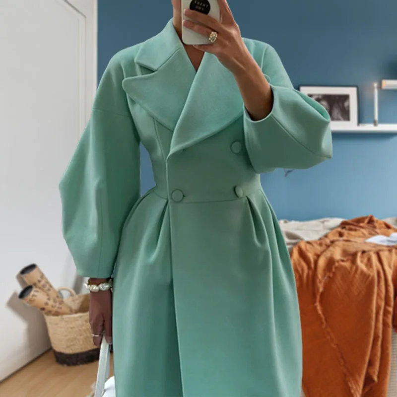 Autumn Women Woolen Coat Thick Lapel Lantern Sleeve Office Lady Long Jackets Double-Breasted New In Outerwears Female Coats