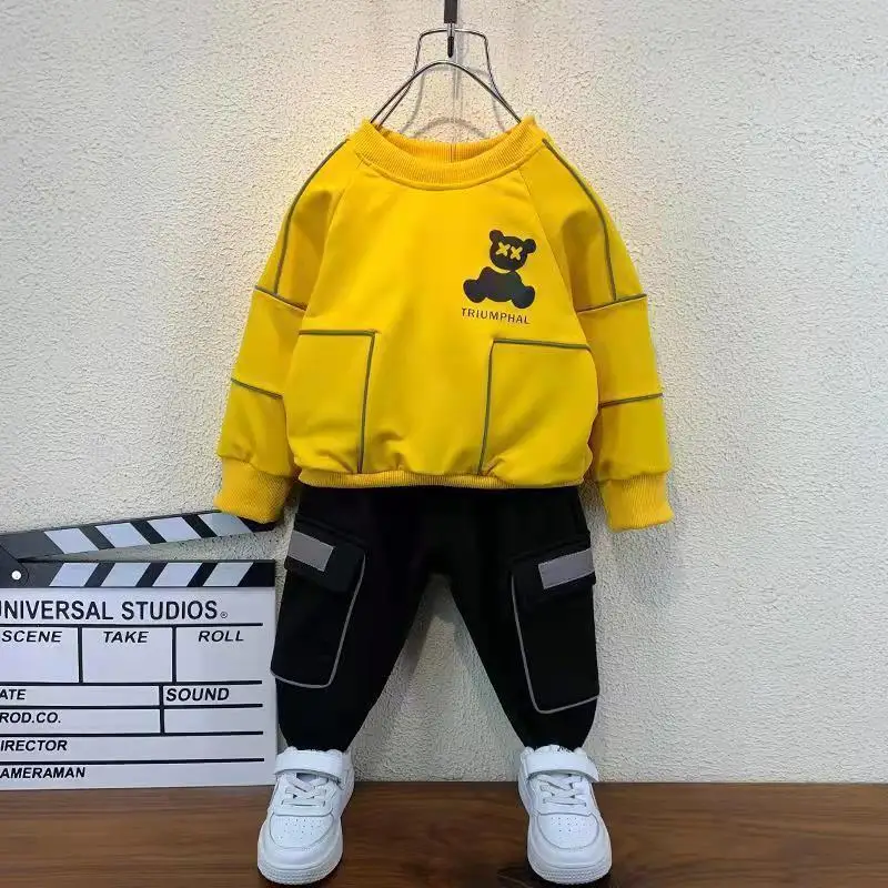 Boys Clothes Set Bear Reflective Sweater Sports Children's Clothing 2022 New Boys Fashion Set Korean Boy Clothes