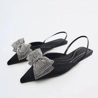 zvra summer sandals 2022 luxury women new cute fashion black bow tie rhinestone pointed flat sexy slippers plus size 35 41