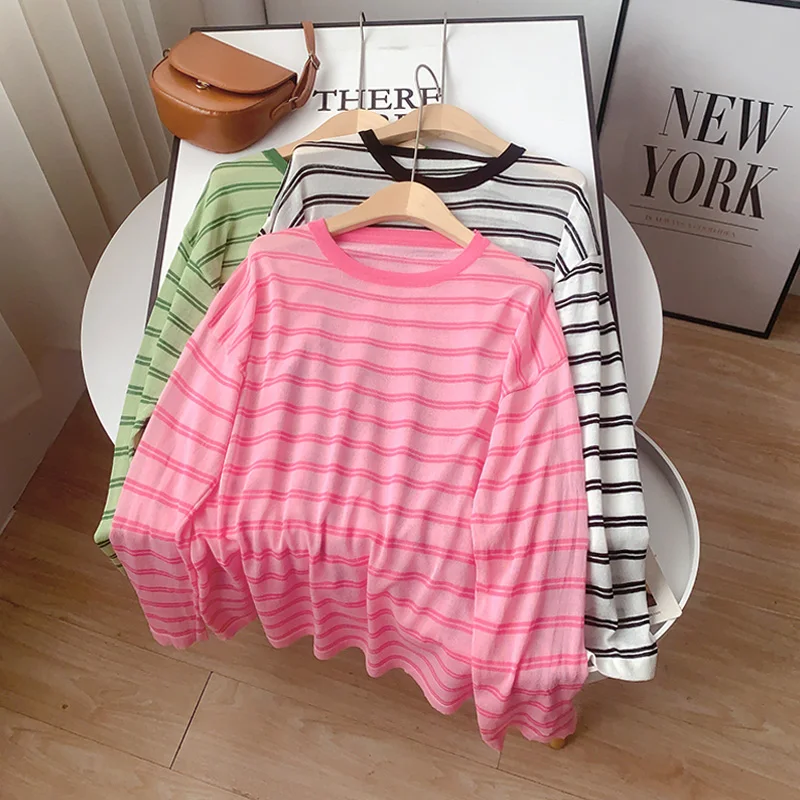 

EBAIHUI Ice Silk Knitted T-Shirts Striped Shirt Summer Long Sleeve Women Basic T Shirt Transparent Cool Tops Cozy Female Shirts