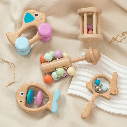 Деревянные детские игрушки Монтессори, набор деревянных погремушек, искусственное деревянное кольцо, 5 шт., набор игрушек для автомобиля, Детские музыкальные игрушки