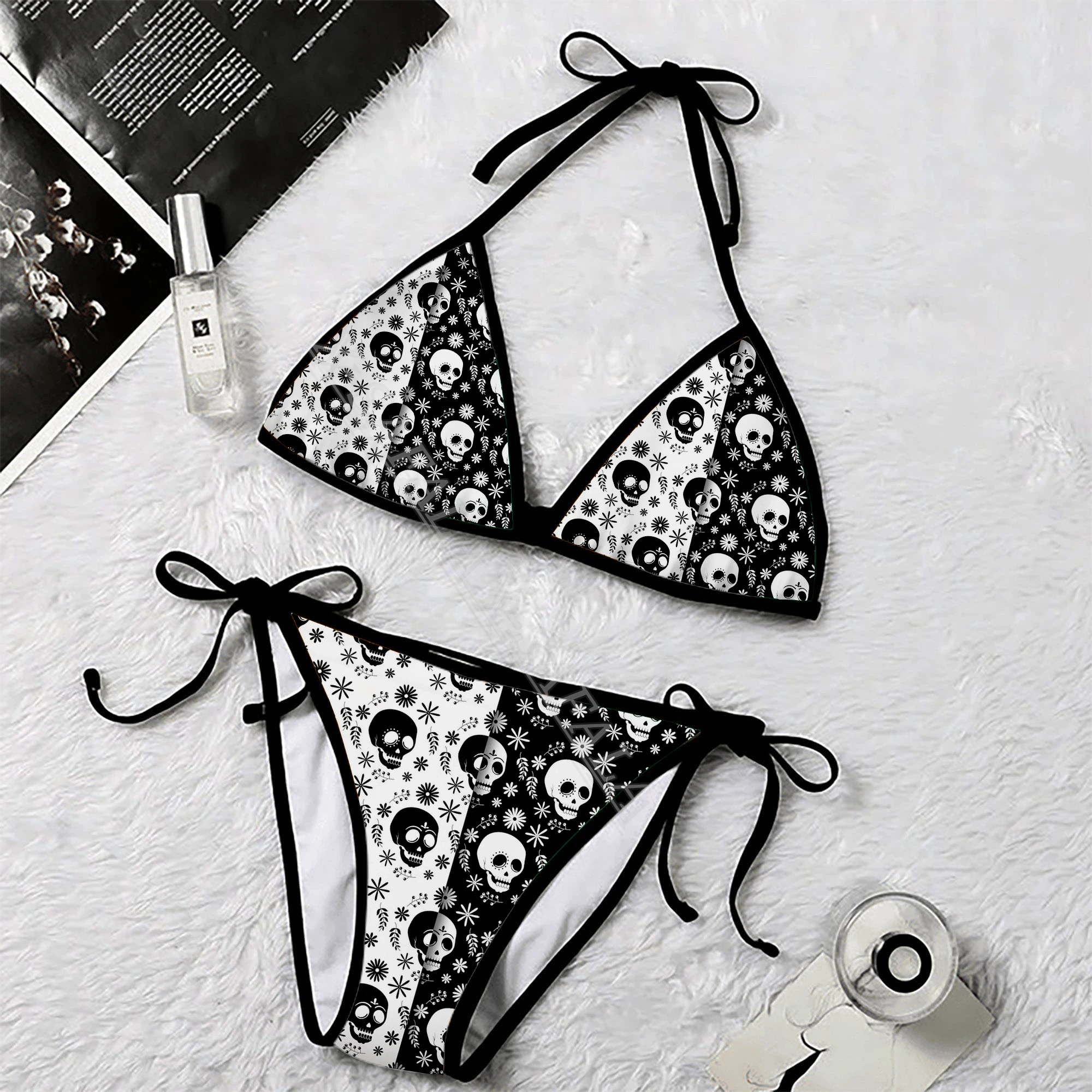 

Skull Art Bone Crossbones 3D Print Women Micro Triangle Tie Side Bikini Summer Beachwear Mankini Cute Sexy Beach Bathing Suit-5