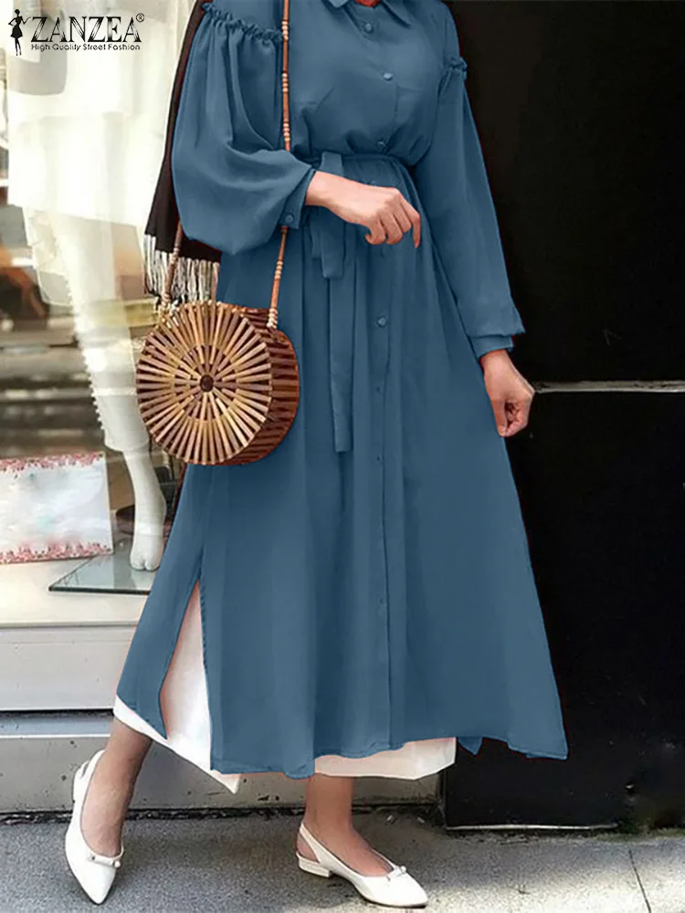 

ZANZEA Abaya Kaftan Muslim Women's Dress Fashion Elegant Casual Loose Turkish Sundress Long Sleeve O-Neck Lace-Up Shirt Dresses