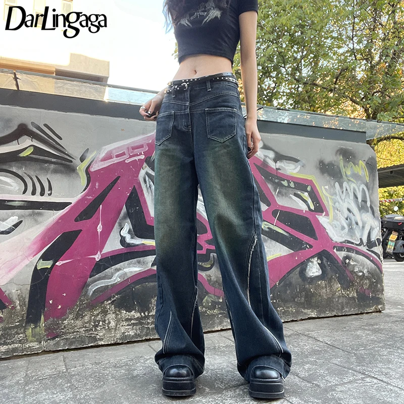

Darlingaga Korean Fashion Stitching Low Rise Baggy Pants Jeans Women Harajuku Distressed Denim Wide Leg Trousers Bottoms Outfits