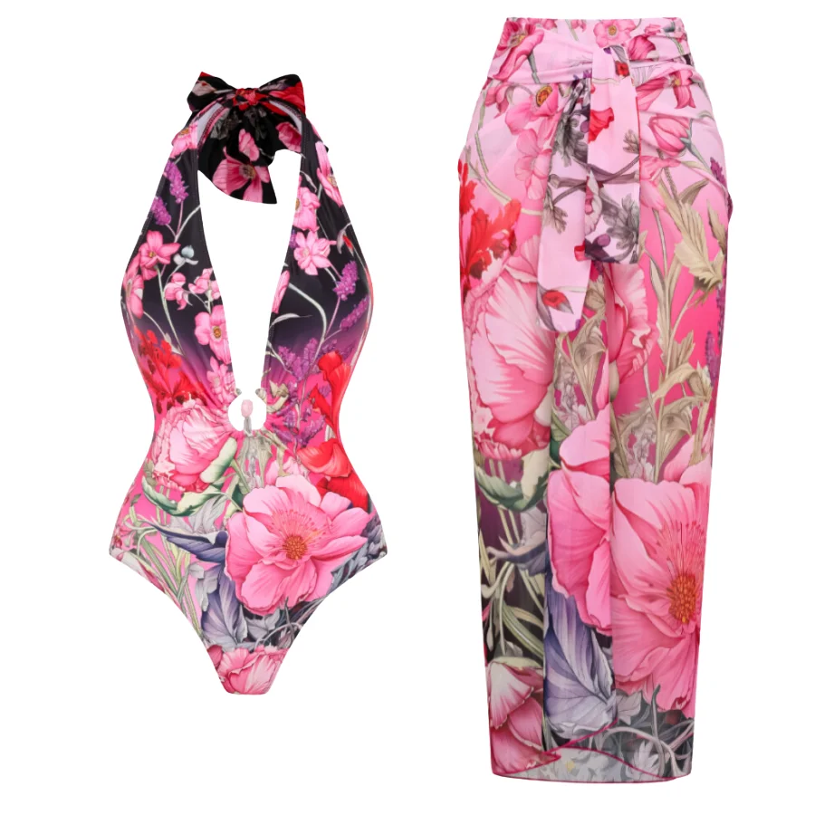 Слитный купальник с V-образным вырезом и цветочным принтом 2024