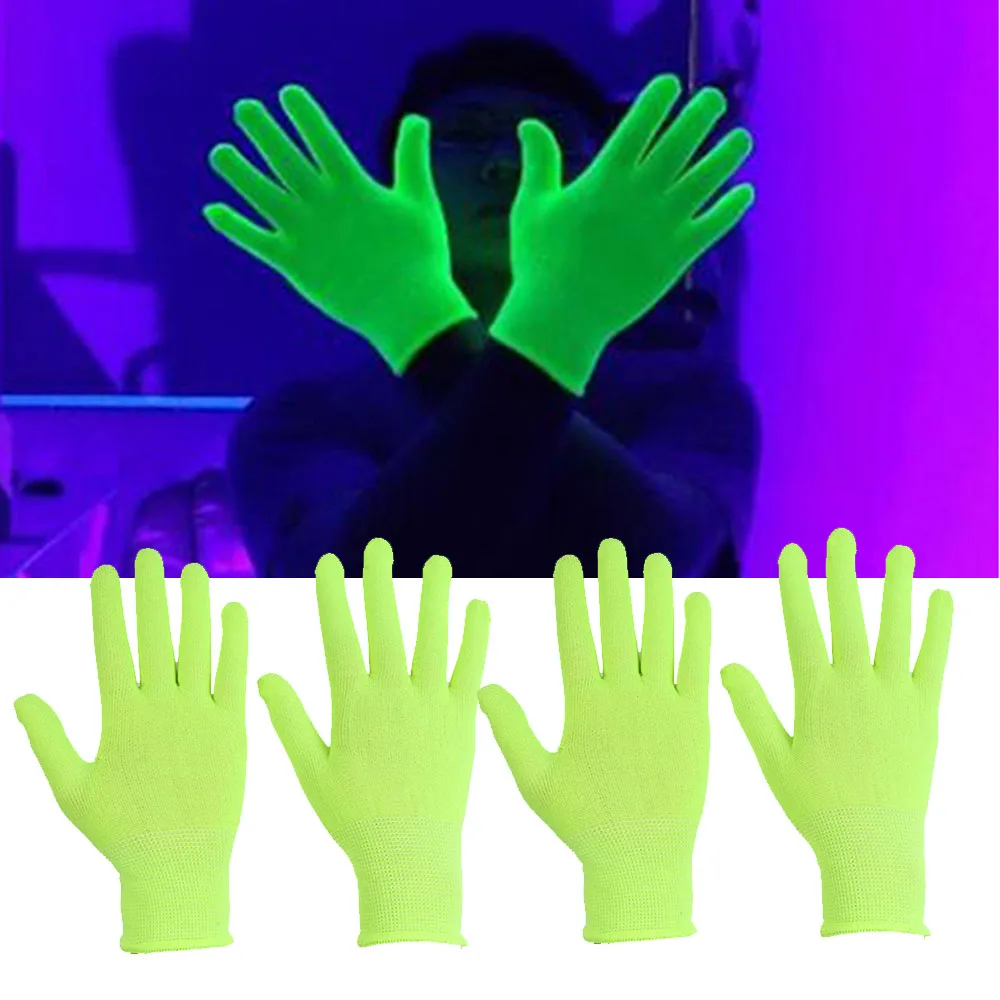 10 زوج توهج قفازات الحفلات الخضراء الفلورسنت متوهجة في شريط الأشعة فوق البنفسجية جو الدعائم الأسود ضوء لوازم الحفلات
