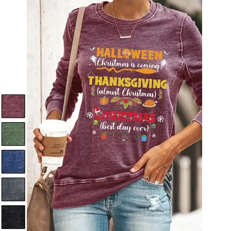 

Autumn And Winter Halloween English Printed Tshirt Sweater Long Sleeve Round Neck Pullover Long Sleeve Bottoming Shirt For Women