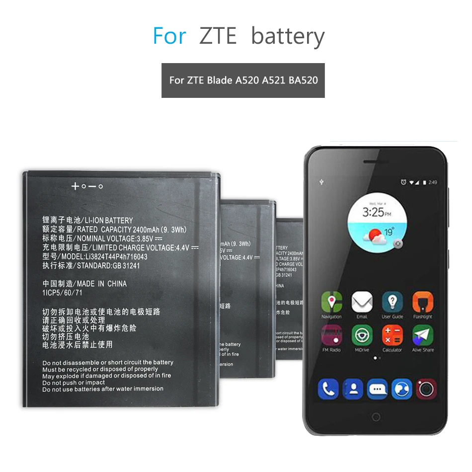 

2400mAh Li3824T44P4h716043 Battery For ZTE Blade A520 A521 BA520 A 520 A 521 Bateria