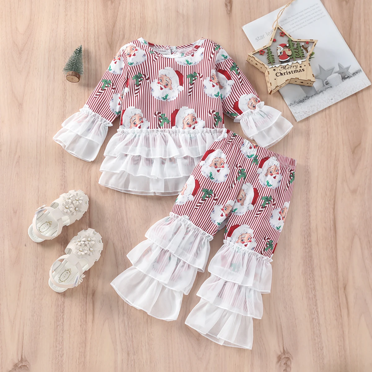 

Новинка 2023, Осенний Рождественский детский комплект одежды для девочек, топы с принтом в полоску и многослойные штаны с оборками и расклеше...