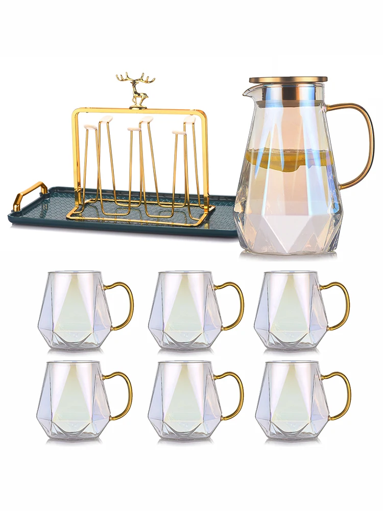 

Rainbow Diamond Glass Kettle With Filter For Scented Tea Fruit Juice Mike Teapot Transparent Water Bottle Heat-Resistant Tea Set