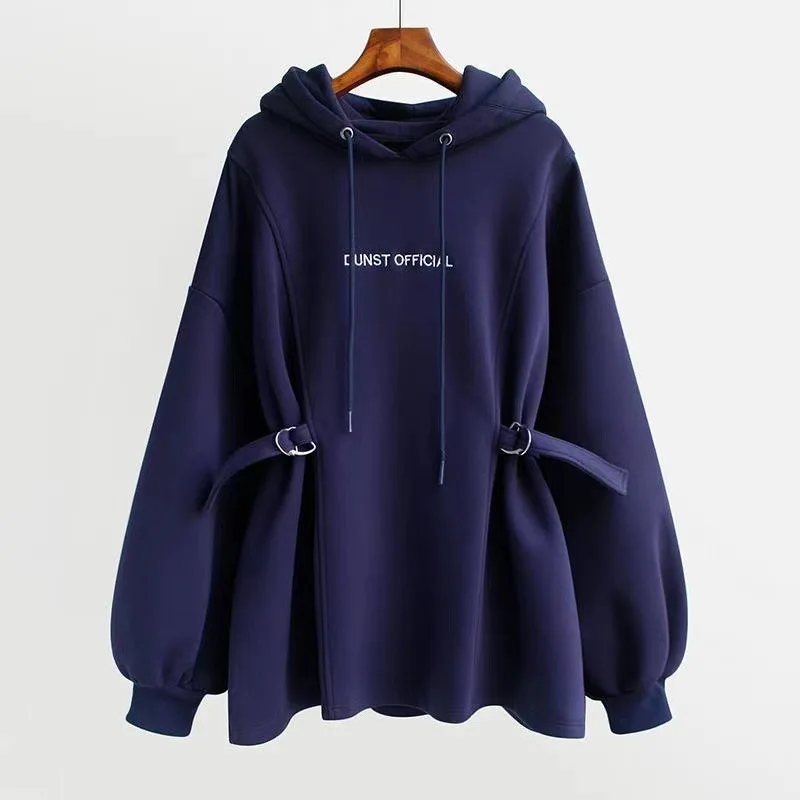 

New Kpop Letter Hoody Fashion Korean Thin Chic Women's Sweatshirts Cool Navy Blue Gray Hoodies for Women M-XXL Buckle sudaderas