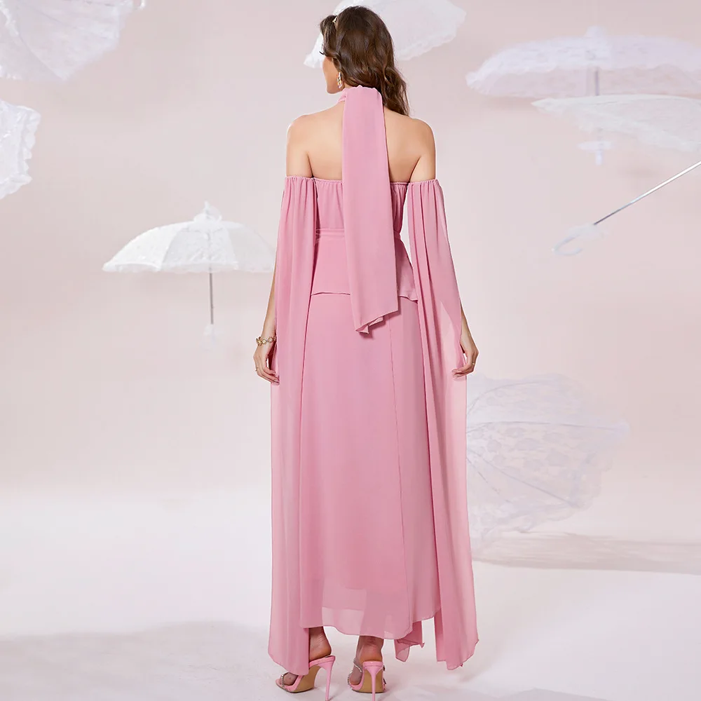 Flower Muslim Off Shoulder Sexy Arabic Dresses For Women 2022 Backless Halter Solid Color Abaya Dubai Long Soft Islamic Dress