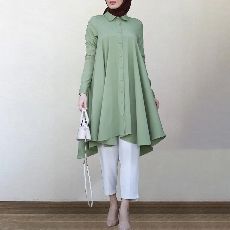 

Wepbel Muslim Blouses Tops Solid Color Polo Collar Button Placket Dovetail Islamic Clothing Curved Hem Long Sleeve Women Shirts