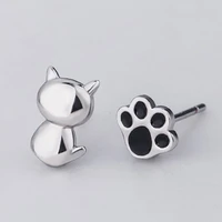 korean version of the creative 925 silver plated kitten black drop glaze earrings female asymmetric cat claw earrings