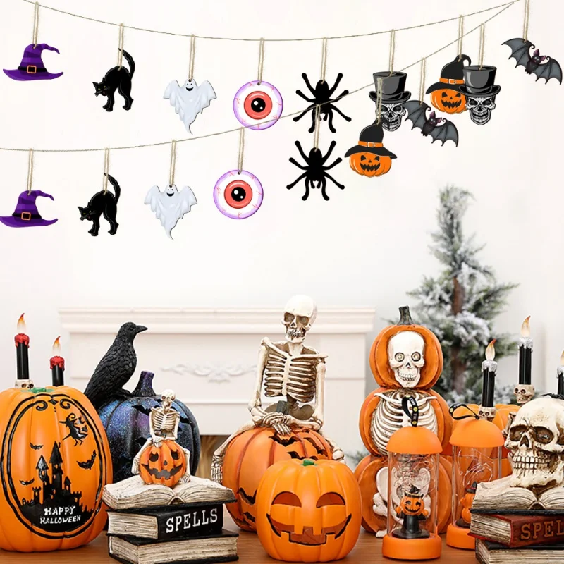 

Mz104 Cross-Border Halloween Wall Living Room Decoration Dwarf Hemp Rope Wooden Party Flag Hanging Decoration Holiday Style