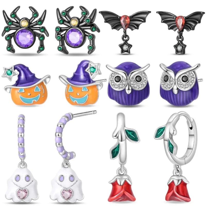 Женские серьги из серебра 2024 пробы с тыквой и черным пауком