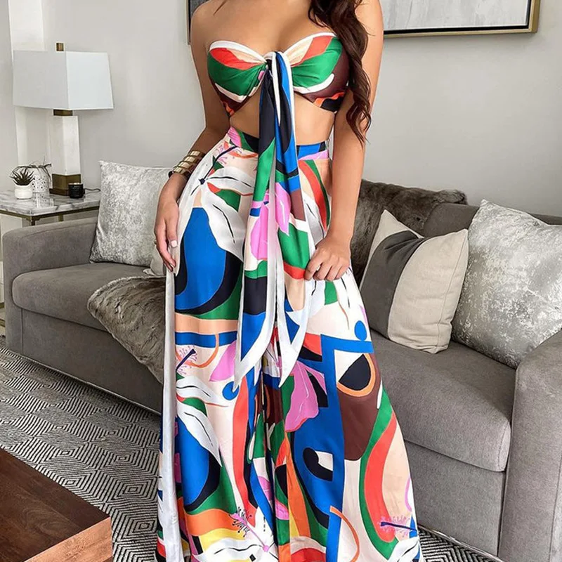 

Summer New Fashion Printed Color Women's Sexy Strapless Waistcoat Big Open Back Color Graffiti Wide Leg Pants Two-piece Set