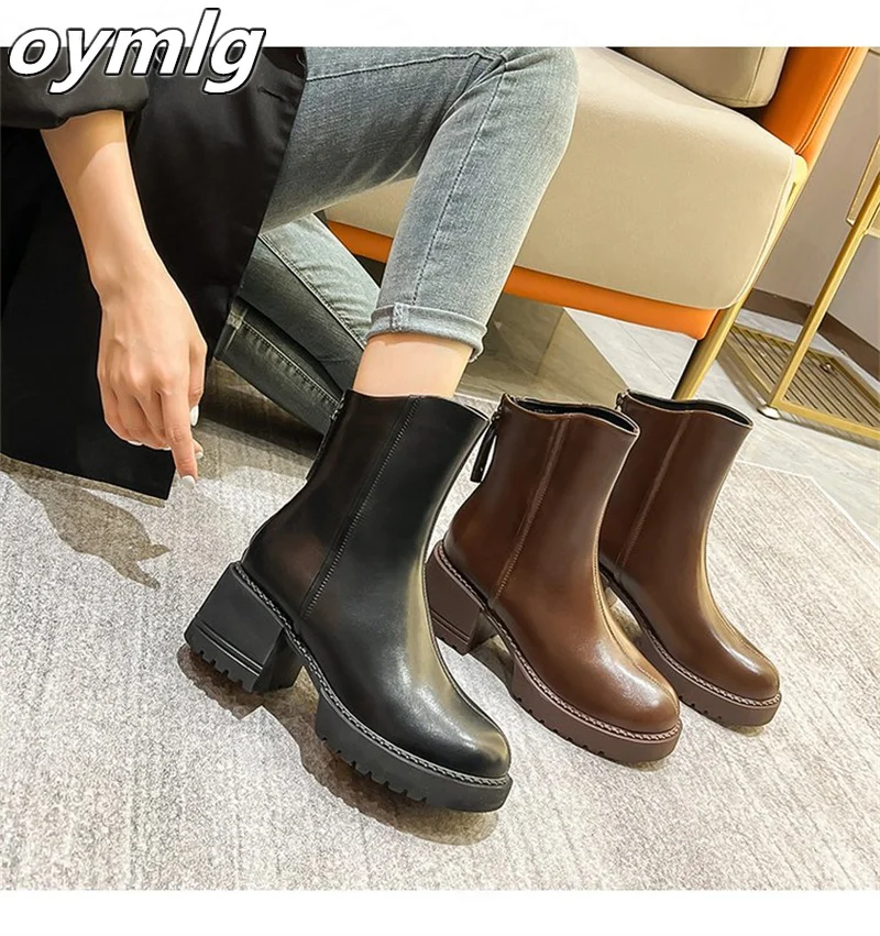 Autumn and winter new back zipper short boots women's fashion all-match thick-soled mid-boots temperament increase fashion boots