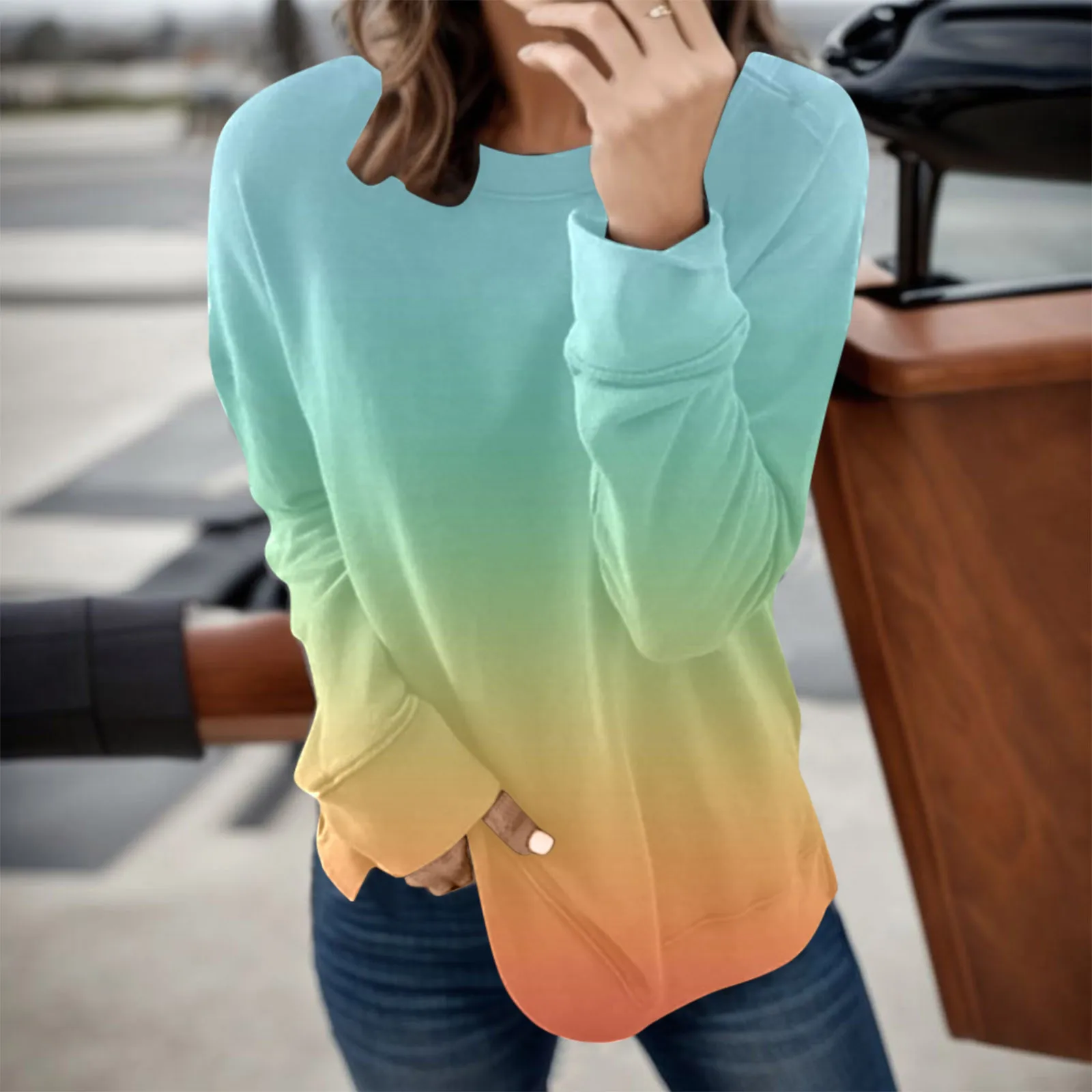 

Womens Gradient Sweatshirts Harajuku Loose Crew Neck Hoodies Outdoor Sports Tracksuits Aesthetic Leisure Pullovers Sudaderas Top