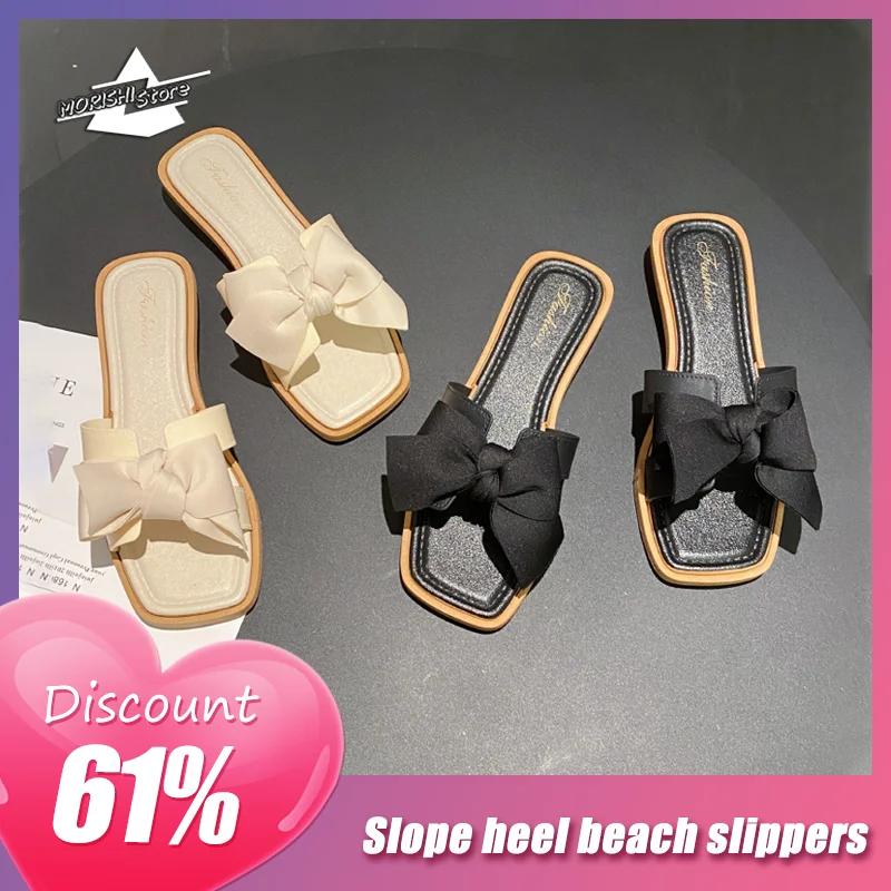 

Slippers Women's Korean Edition Fashion Fairy Style Bow Tie New Outwear Style Versatile Square Heel Anti Slip Slippers Summer