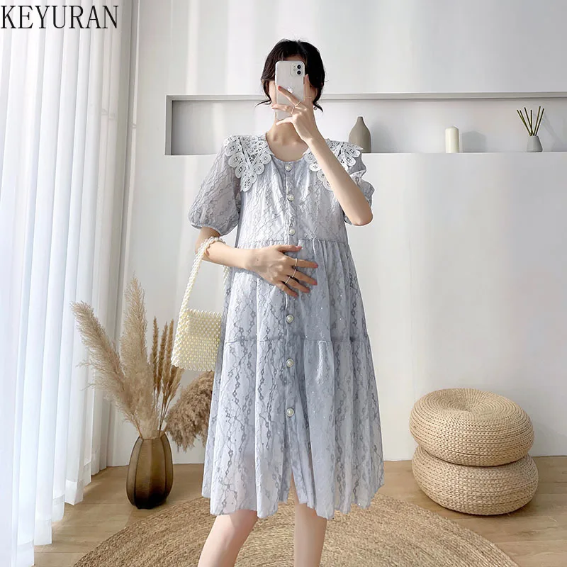 

Summer Lace Maternity Nursing Dresses Breastfeeding Lapel Sequin Button Short Sleeve Dress Pregnancy Clothes for Pregnant Women