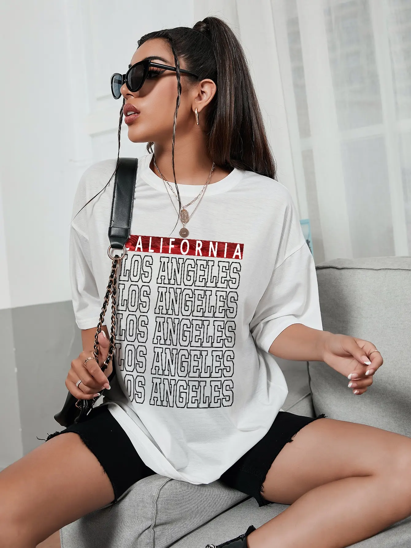 

California Los Angeles Printed Cotton T-Shirts For Women All-math Oversize Fashion Tee Clothing Summer Breathable Womans Tops