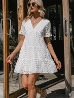 simplee sexy v neck lace stitching white dress 2021 summer new short sleeve solid women dress casual fashion boho a line dress