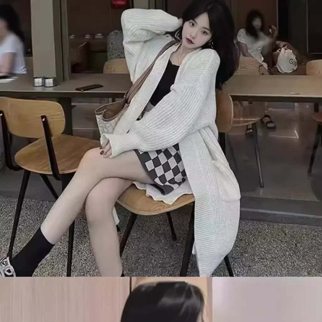 Женский длинный вязаный свитер однотонный Свободный кардиган на осень и зиму