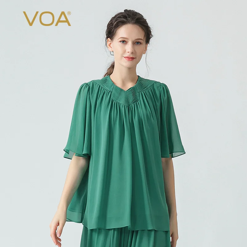 

VOA Georgette Mulberry Silk Lime Green Pleated Woman Tshirts Ruffled Half-sleeve Loose Tops Double Layer Silk T-shirt BE1119