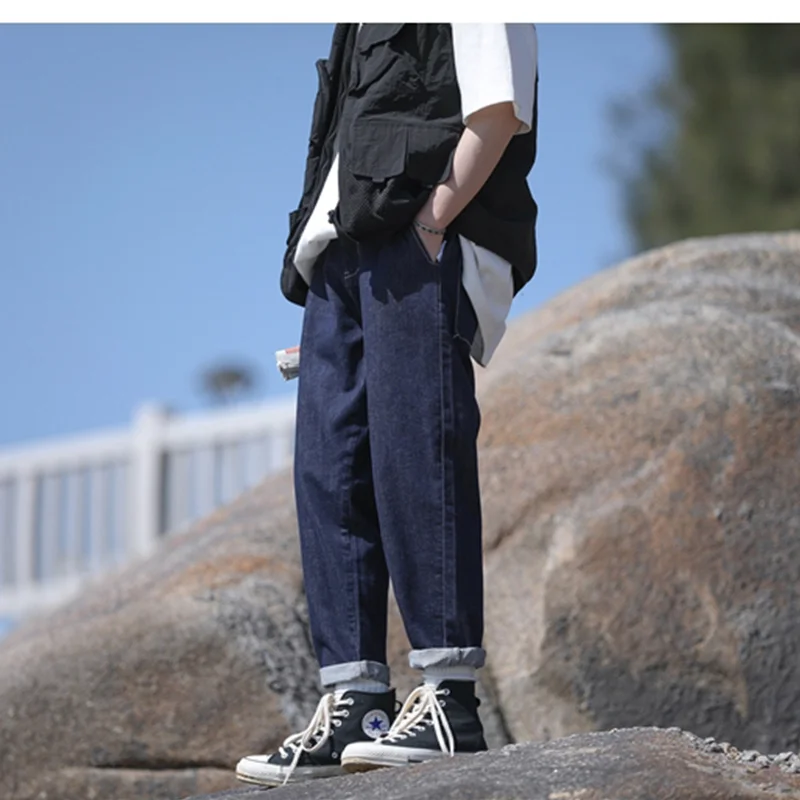 Streetwear Men 2022 New Pattern Recreational Navy Blue Broad Leg Pants Straight Cylinder Comfortable Loose Jeans Autumn Female