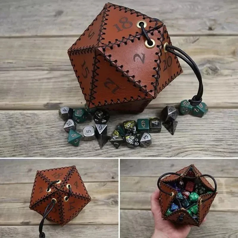 

New Leather D20 Dice Bag Polygonal Dice Storage Boxes Reinforced Drawstring Dice Bags for Daily Working Wearing Gift Idea