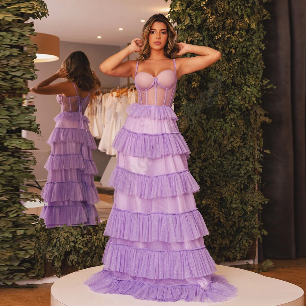 

SOFUGE Lavender Shinny Evening Dresses For Women Tiered Floor Length Lace Up Party Prom Dresses Customised Robes De Soirée