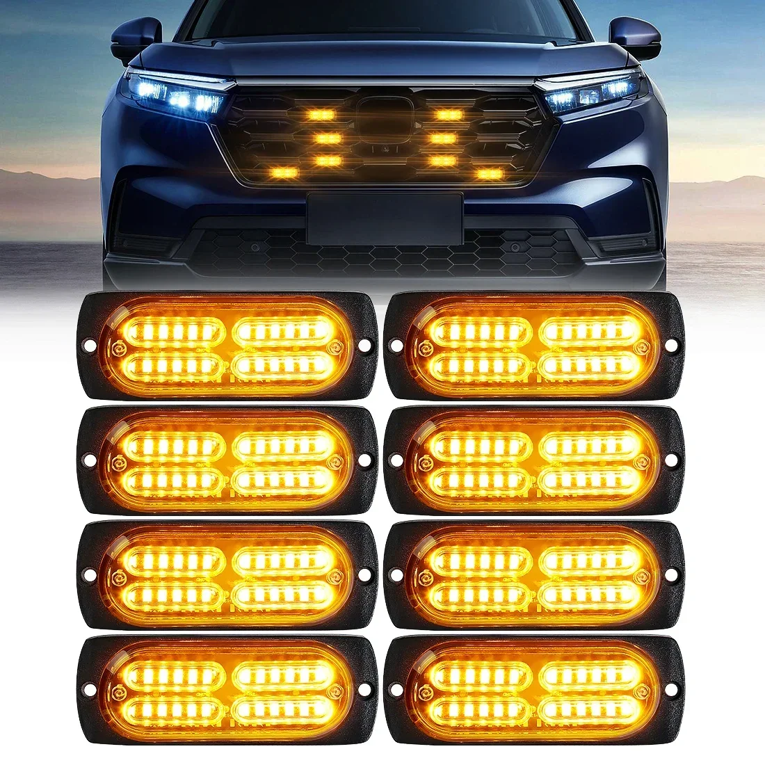Фото Автомобильный светодиодный стробоскоп 8-в-1, 192 LED, для решетки радиатора, аварийный, с умным пультом ДУ, для легковых и грузовых автомобилей, прицепов, фургонов, красно-синий, сигнальный маячок, фонарь безопасности, 12В №1